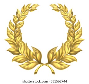 A golden laurel wreath design element illustration of a circular gold wreath made up of two branches