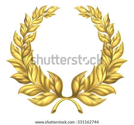 A golden laurel wreath design element illustration of a circular gold wreath made up of two branches