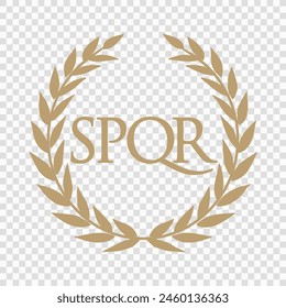 Corona de laurel dorado que rodea las letras SPQR, el símbolo perdurable del Imperio Romano, representado sobre un fondo transparente a cuadros.