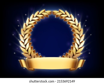 Golden laurel wreath frame. Honoring template with gold circle branch, victory celebration reward and vip champion ring vector presentation background. Trophy with leaves and ribbon for text