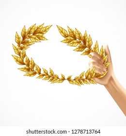 Golden laurel wreath in human hand realistic design concept isolated on white background vector Illustration