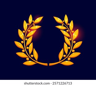 Golden laurel wreath icon, game asset features shiny leaves and berries. Cartoon vector gold laurel branches symbolizing awards or celebration, victory and achievement for use in fantasy games or apps