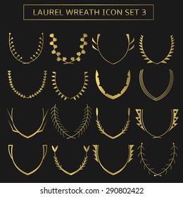 Golden laurel wreath icon set for presentation ceremony, sport or business award