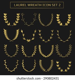 Golden laurel wreath icon set for presentation ceremony, sport or business award