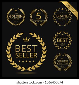 Golden Laurel wreath label badge set isolated. Best seller, five stars, best brand, genuine quality. Vector illustration