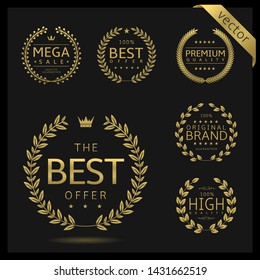 Golden Laurel wreath label badge set isolated. Best quality, best offer, best buy. Vector illustration