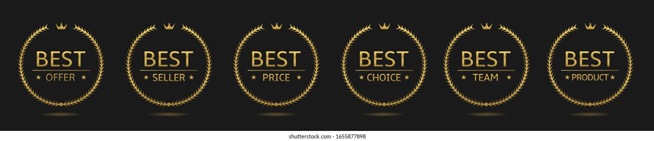 Golden Laurel wreath label badge set isolated. Best offer, best seller, best team, best price golden labels. Vector illustration