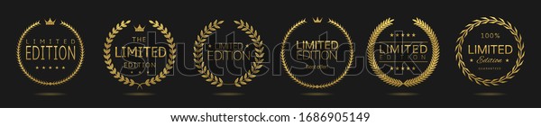 Golden Laurel wreath label
badge set isolated. Limited edition golden labels. Vector
illustration