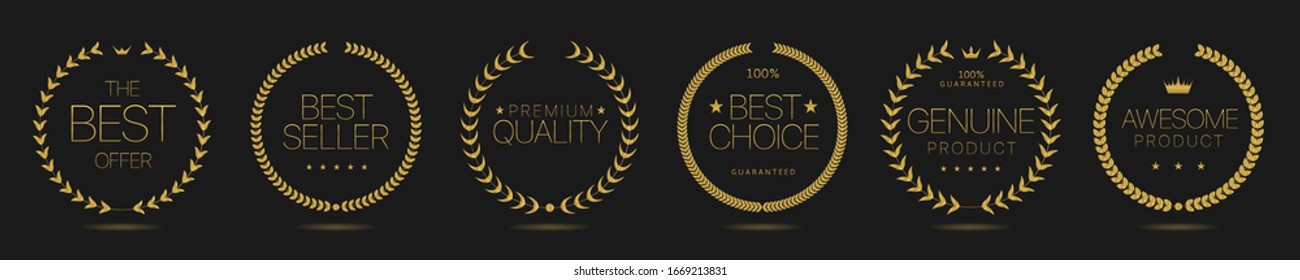 Golden Laurel wreath labels. Best offer, best seller, premium quality, genuine product, awesome product, best choice. Vector illustration