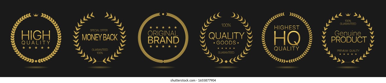 Golden Laurel wreath labels. Highest quality, money back, high quality, quality goods, genuine product, original brand golden labels. Vector illustration