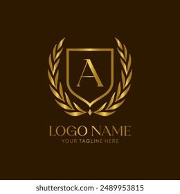 Golden laurel wreath logo vector with the letter A, symbolizing achievement and honor. The design is minimalist, elegant and luxurious