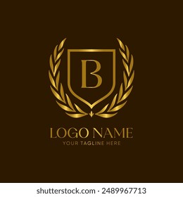 Golden laurel wreath logo vector with the letter B, symbolizing achievement and honor. The design is minimalist, elegant and luxurious