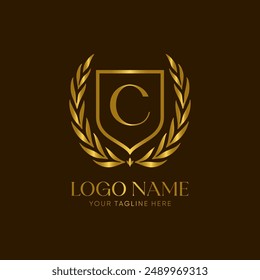 Golden laurel wreath logo vector with the letter C, symbolizing achievement and honor. The design is minimalist, elegant and luxurious