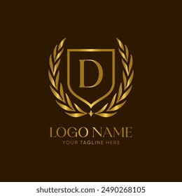 Golden laurel wreath logo vector with the letter D, 
symbolizing achievement and honor. The design is minimalist, elegant and luxurious