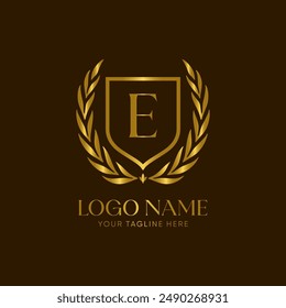 Golden laurel wreath logo vector with the letter E, 
symbolizing achievement and honor. The design is minimalist, elegant and luxurious