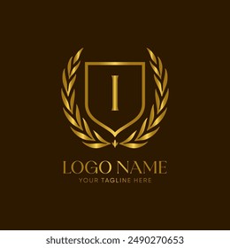 Golden laurel wreath logo vector with the letter I, 
symbolizing achievement and honor. The design is minimalist, elegant and luxurious