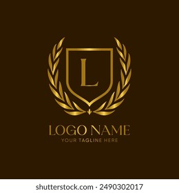 Vector con el logotipo de la corona de laurel dorado con la letra L, 
simbolizando logro y honor. El diseño es minimalista, elegante y lujoso