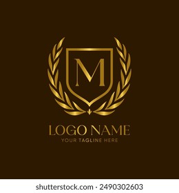 Golden laurel wreath logo vector with the letter M, 
symbolizing achievement and honor. The design is minimalist, elegant and luxurious