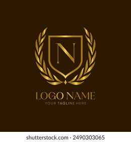 Golden laurel wreath logo vector with the letter N, 
symbolizing achievement and honor. The design is minimalist, elegant and luxurious