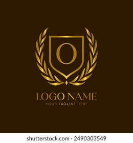 Golden laurel wreath logo vector with the letter O, 
symbolizing achievement and honor. The design is minimalist, elegant and luxurious
