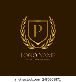 Golden laurel wreath logo vector with the letter P, 
symbolizing achievement and honor. The design is minimalist, elegant and luxurious
