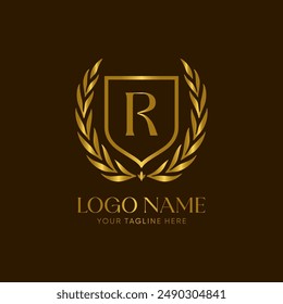 Golden laurel wreath logo vector with the letter R, 
symbolizing achievement and honor. The design is minimalist, elegant and luxurious
