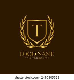 Golden laurel wreath logo vector with the letter T, 
symbolizing achievement and honor. The design is minimalist, elegant and luxurious