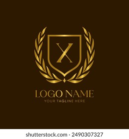 Vector con el logo de la corona de laurel dorado con la letra X, 
simbolizando logro y honor. El diseño es minimalista, elegante y lujoso
