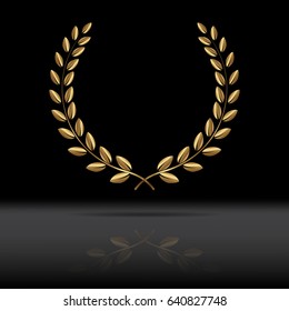 Golden laurel wreath with mirror reflection on black background. Vector illustration.