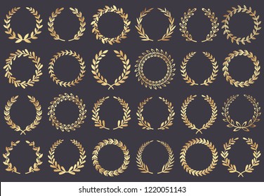 Golden laurel wreath. Movie festival awards, winner actress awarded, cannes film leaf or glossy gold trophy badge medal. Certified medallion isolated symbol vector illustration set