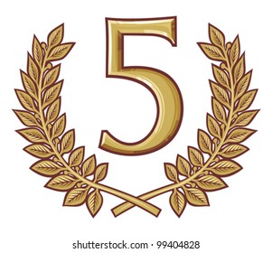 golden laurel wreath and number five (anniversary or jubilee design)