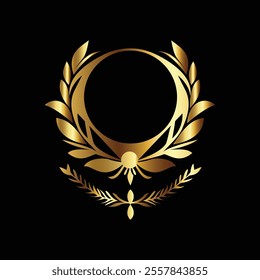 Golden Laurel Wreath with Ornamental Accents on Black Background