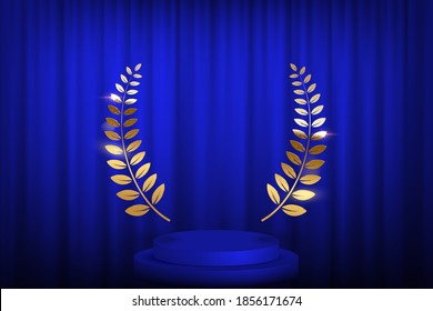 Golden laurel wreath over blue round podium with steps in front of the curtains. Vector illustration