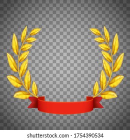 Golden laurel wreath with a red ribbon. Isolated on a transparent background. Vector template.