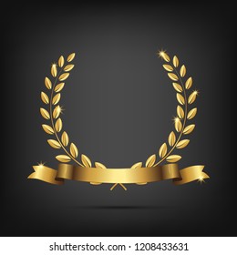 Golden laurel wreath with ribbon isolated on dark background. Vector design element