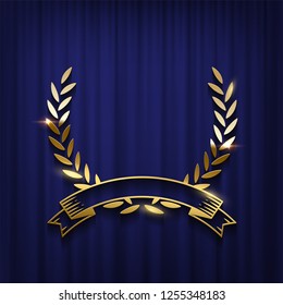 Golden laurel wreath and ribbon isolated on blue curtain background. Vector award ceremony poster template