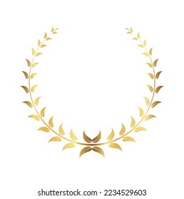 Golden laurel wreath with ribbon isolated on white background. Vector design element. Flat icon.