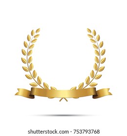 Golden laurel wreath with ribbon isolated on white background. Vector design element.