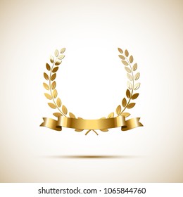 Golden laurel wreath with golden ribbon. Vector luxury design element.