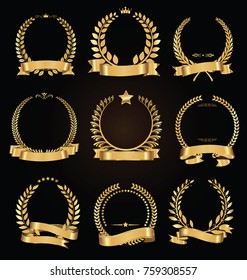 Golden laurel wreath with golden ribbon vector collection