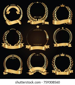 Golden laurel wreath with golden ribbon vector collection