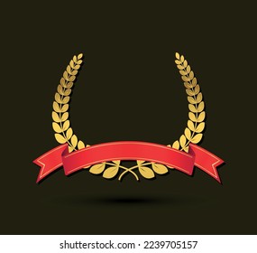 Golden laurel wreath with ribbon.Gold award symbol.Vector illustration.