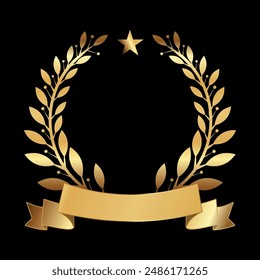 golden laurel wreath with ribbons design isolated with black background