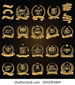 Golden laurel wreath with golden ribbons vector illustration set