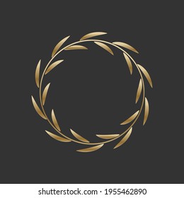 Golden laurel wreath round frame. Ring with gold leaves, circle award logo or emblem vector illustration. Roman circular badge for anniversary, wedding, award isolated on gray background.