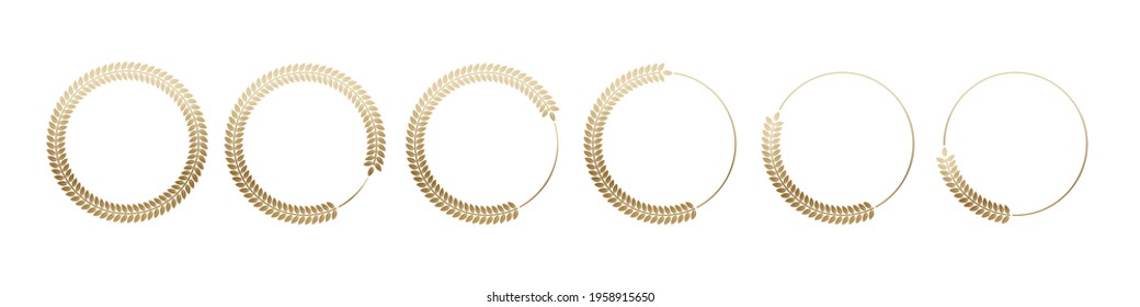 Golden laurel wreath round frame set. Rings with gold leaves, circle award logo or emblem vector illustration. Roman circular badge for anniversary, wedding, award isolated on white background.