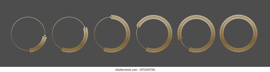 Golden laurel wreath round frame set. Gold rings with leaves, circle award logo or emblem vector illustration. Roman circular badge for anniversary, wedding, award isolated on gray background.