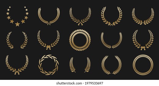 Golden laurel wreath round frame set. Rings with gold leaves, circle award logo or emblem vector illustration. Roman circular badge for anniversary, wedding, award isolated on dark background.