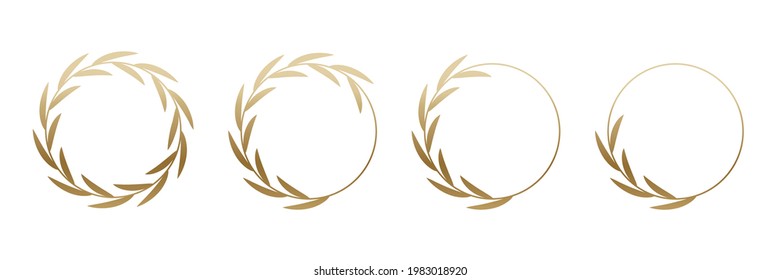 Juego de marco redondo de laurel dorado. Anillos con hojas de oro, logotipo de premio de círculo o ilustración vectorial de emblema. Insignia romana circular para aniversario, boda, premio aislado en fondo blanco.