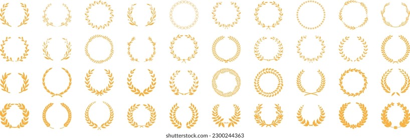 Golden laurel wreath round frame set. Rings with gold leaves. Roman circular badge for anniversary, wedding, award isolated on dark background